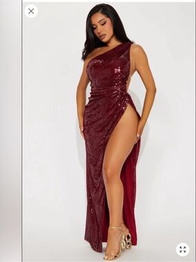 Fashion Nova Burgundy Sequin One-Shoulder High-Slit Gown
